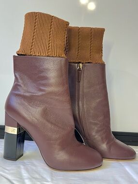 Chanel 2016 Interlocking CC Logo Burgundy Brown Leather Sock Ankle Boots